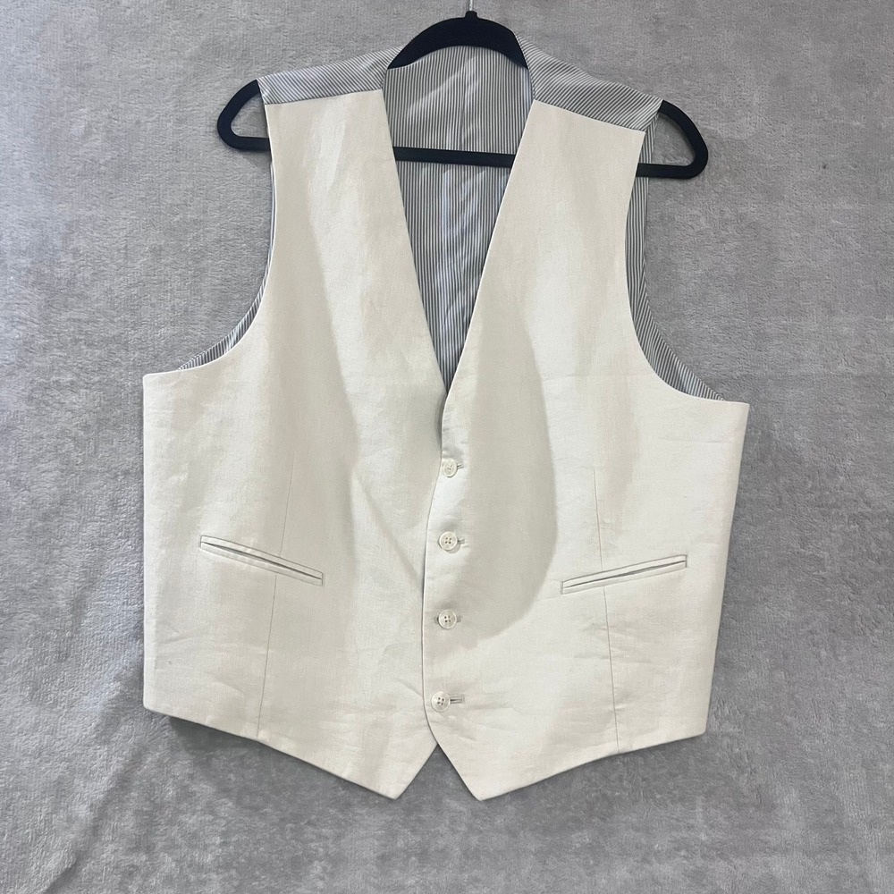 100% Linen Vest Mens Large Beige Neutral Coastal Wedding Beachy Old Money Preppy